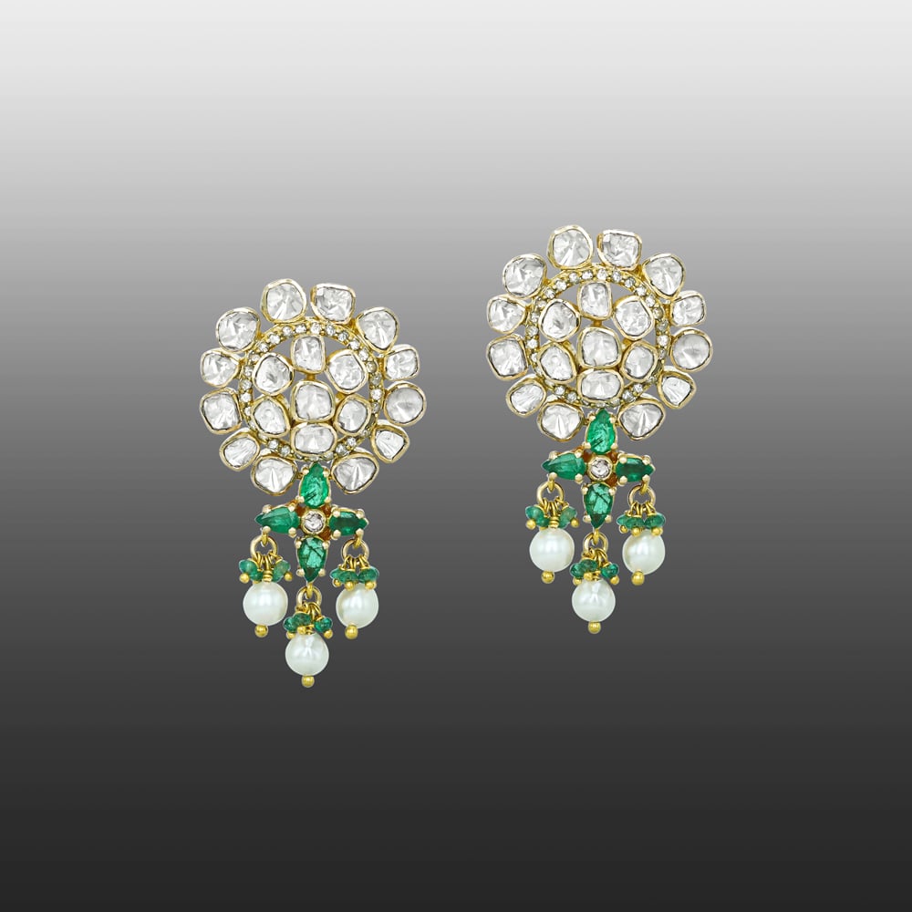 Floral Open Polki Earrings with Emerald and Pearl Drops
